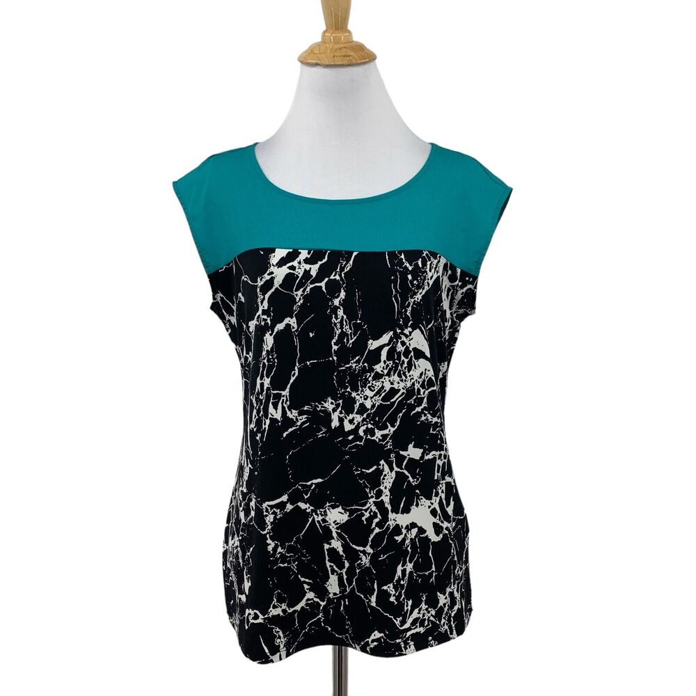 Calvin Klein Shirt Womens Small Teal Black Marble Cap Sleeve Stretch Blouse